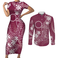 Maroon Kuki Airani Tapakau Couples Matching Short Sleeve Bodycon Dress and Long Sleeve Button Shirt Tribal Anchor Mix Tiare