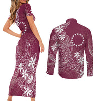 Maroon Kuki Airani Tapakau Couples Matching Short Sleeve Bodycon Dress and Long Sleeve Button Shirt Tribal Anchor Mix Tiare