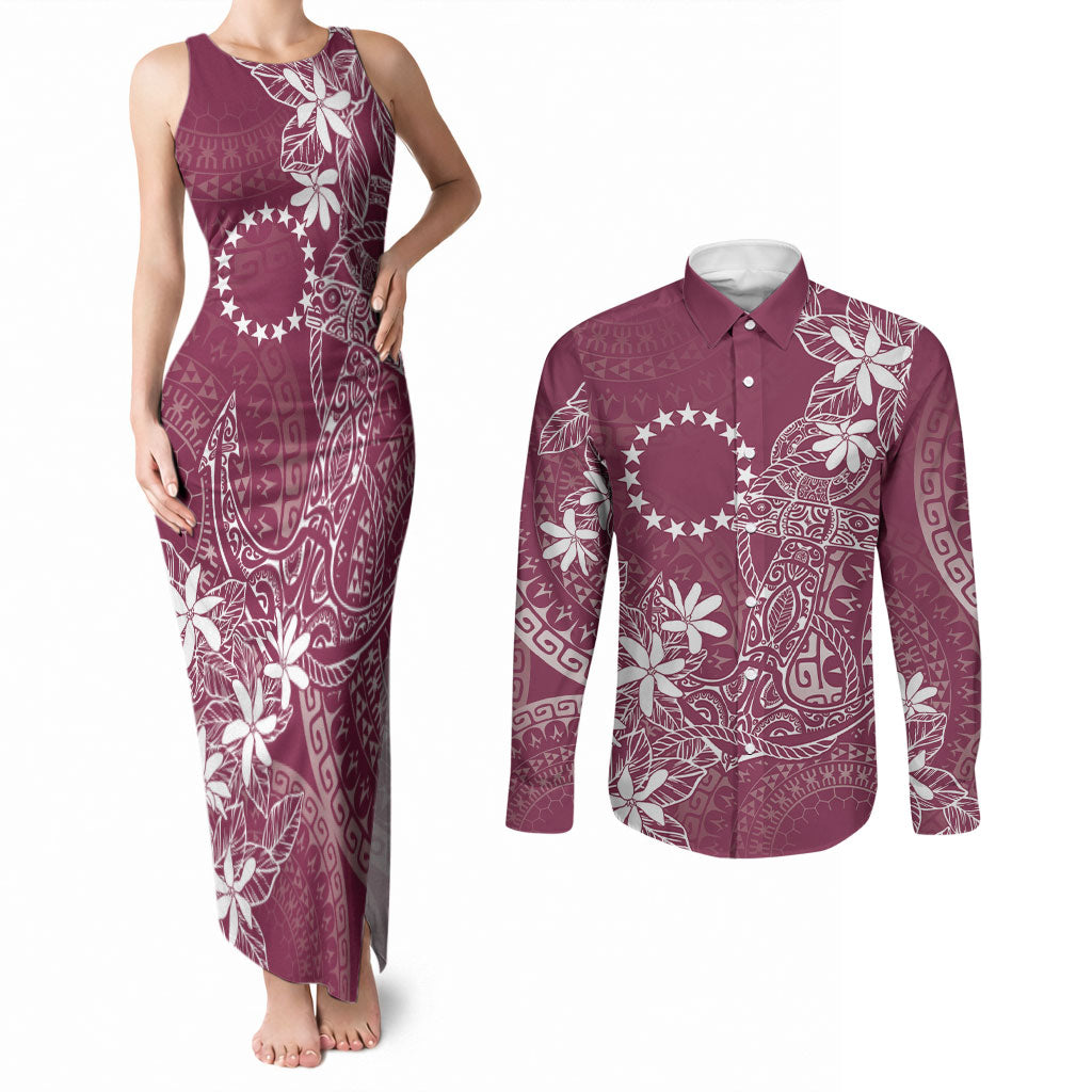 Maroon Kuki Airani Tapakau Couples Matching Tank Maxi Dress and Long Sleeve Button Shirt Tribal Anchor Mix Tiare LT7 Maroon - Polynesian Pride