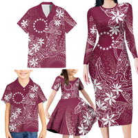 Maroon Kuki Airani Tapakau Family Matching Long Sleeve Bodycon Dress and Hawaiian Shirt Tribal Anchor Mix Tiare
