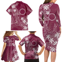 Maroon Kuki Airani Tapakau Family Matching Long Sleeve Bodycon Dress and Hawaiian Shirt Tribal Anchor Mix Tiare