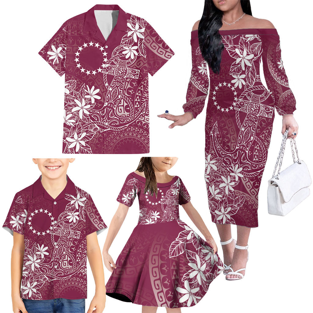 Maroon Kuki Airani Tapakau Family Matching Off The Shoulder Long Sleeve Dress and Hawaiian Shirt Tribal Anchor Mix Tiare