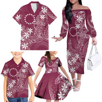 Maroon Kuki Airani Tapakau Family Matching Off The Shoulder Long Sleeve Dress and Hawaiian Shirt Tribal Anchor Mix Tiare