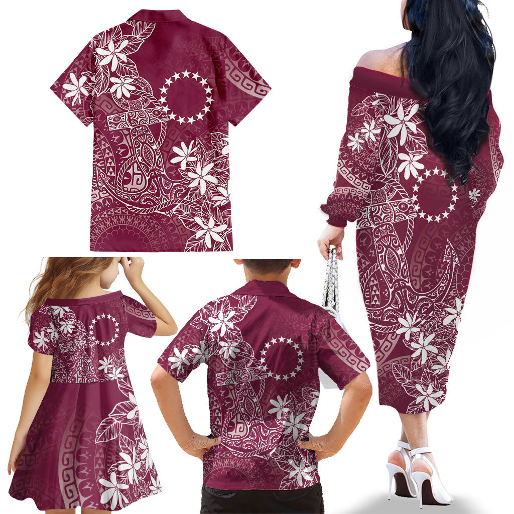 Maroon Kuki Airani Tapakau Family Matching Off The Shoulder Long Sleeve Dress and Hawaiian Shirt Tribal Anchor Mix Tiare