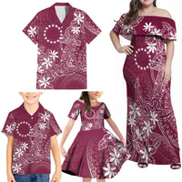 Maroon Kuki Airani Tapakau Family Matching Off Shoulder Maxi Dress and Hawaiian Shirt Tribal Anchor Mix Tiare