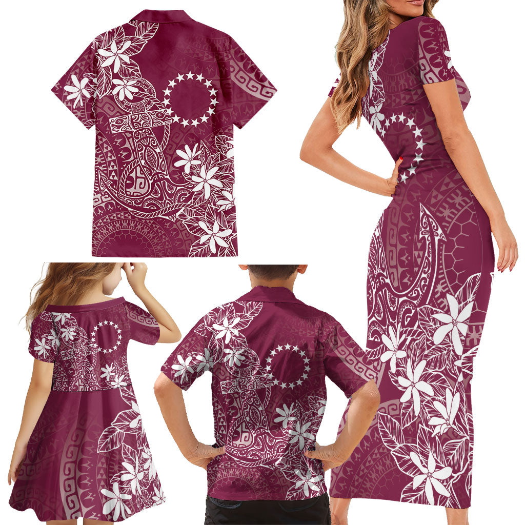 Maroon Kuki Airani Tapakau Family Matching Short Sleeve Bodycon Dress and Hawaiian Shirt Tribal Anchor Mix Tiare
