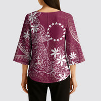 Maroon Kuki Airani Tapakau Kimono Sleeve Blouse Tribal Anchor Mix Tiare