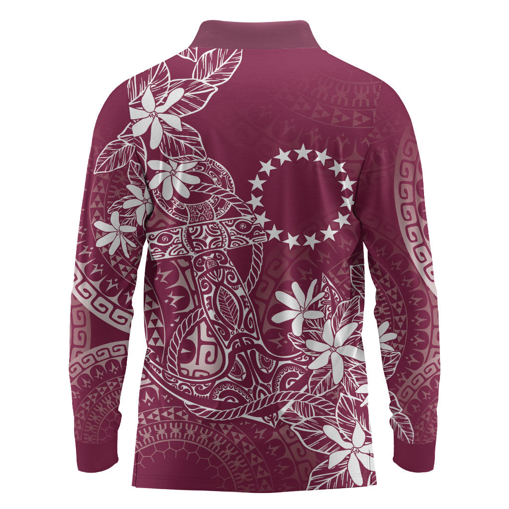 Maroon Kuki Airani Tapakau Long Sleeve Polo Shirt Tribal Anchor Mix Tiare