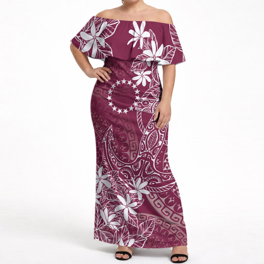 Maroon Kuki Airani Tapakau Off Shoulder Maxi Dress Tribal Anchor Mix Tiare LT7 Women Maroon - Polynesian Pride