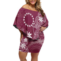 Maroon Kuki Airani Tapakau Off Shoulder Short Dress Tribal Anchor Mix Tiare