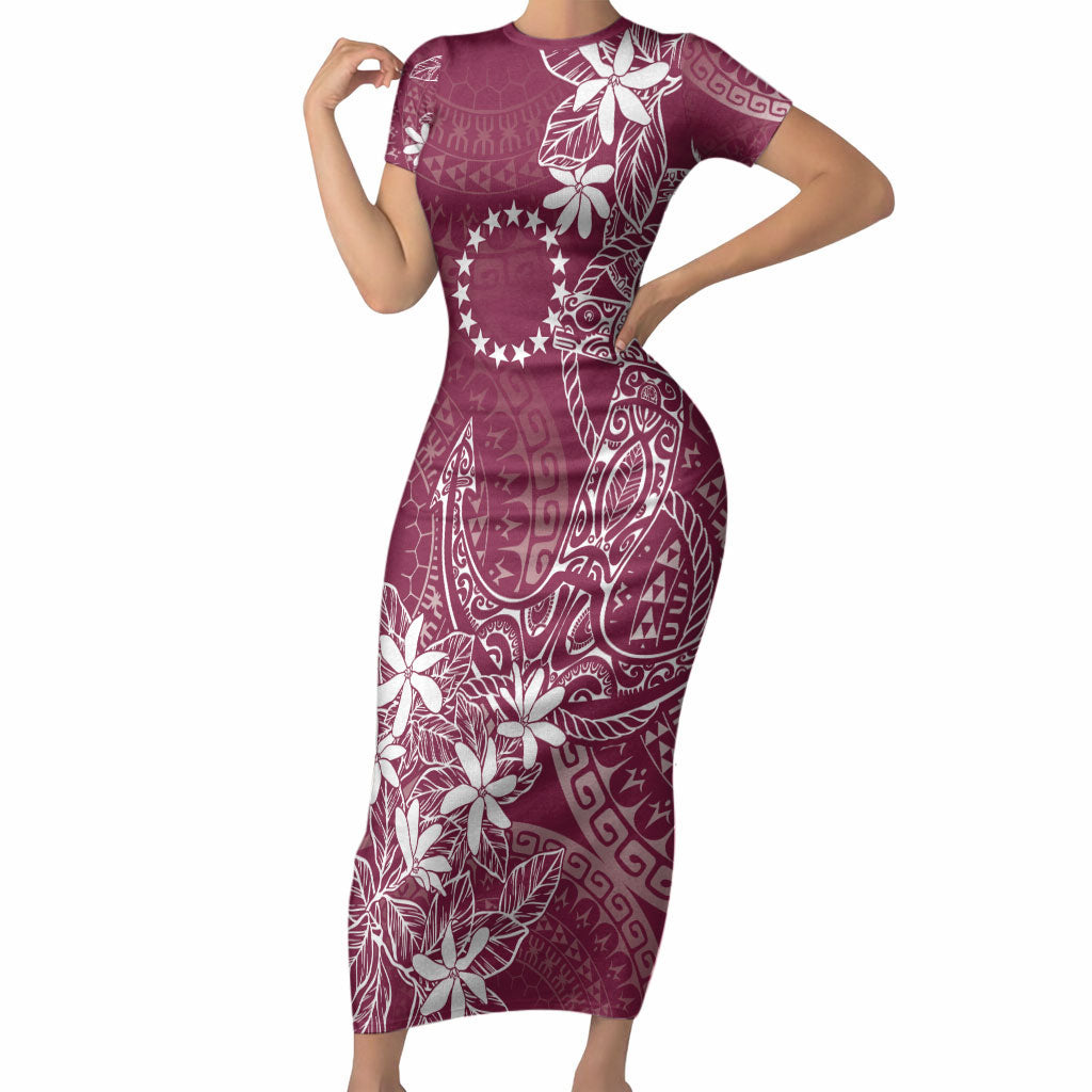 Maroon Kuki Airani Tapakau Short Sleeve Bodycon Dress Tribal Anchor Mix Tiare LT7 Long Dress Maroon - Polynesian Pride