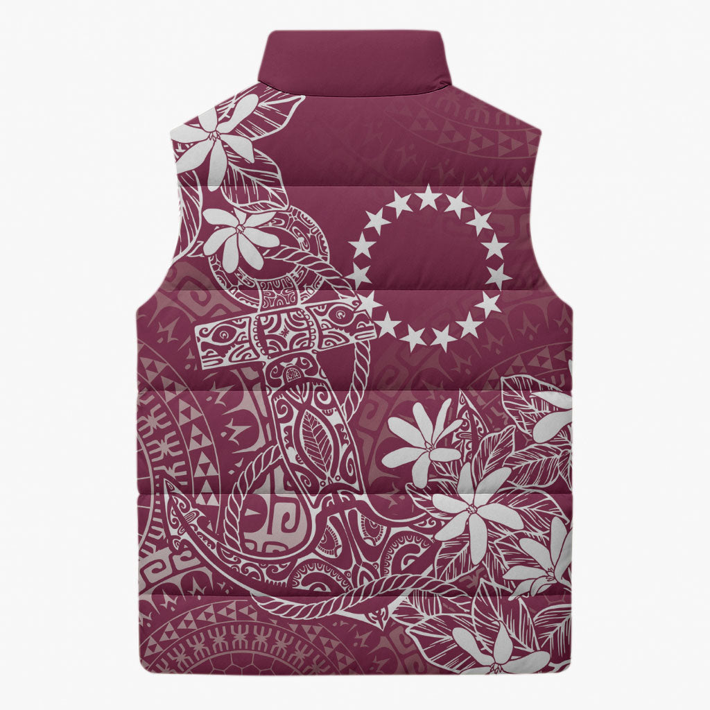 Maroon Kuki Airani Tapakau Sleeveless Puffer Jacket Tribal Anchor Mix Tiare