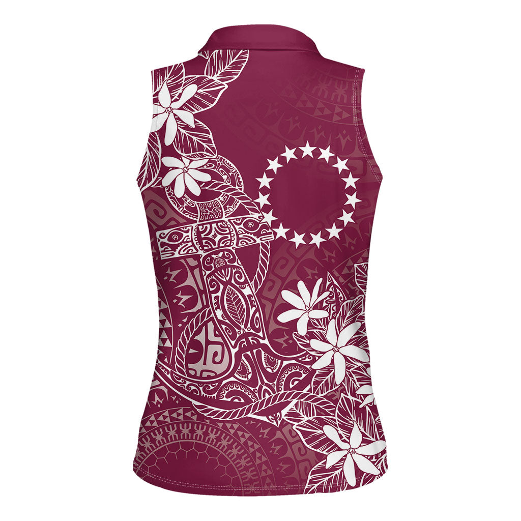 Maroon Kuki Airani Tapakau Women Sleeveless Polo Shirt Tribal Anchor Mix Tiare