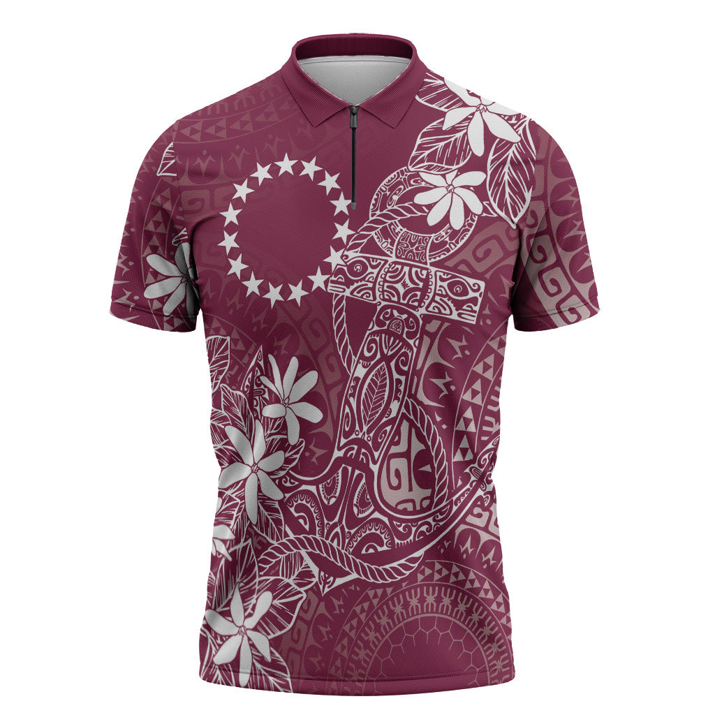Maroon Kuki Airani Tapakau Zipper Polo Shirt Tribal Anchor Mix Tiare