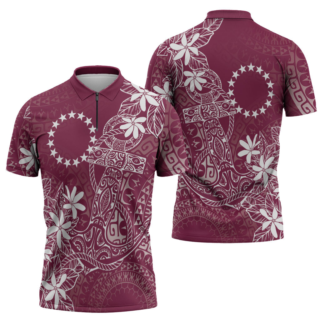 Maroon Kuki Airani Tapakau Zipper Polo Shirt Tribal Anchor Mix Tiare