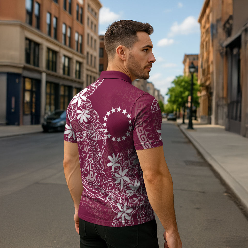 Maroon Kuki Airani Tapakau Zipper Polo Shirt Tribal Anchor Mix Tiare