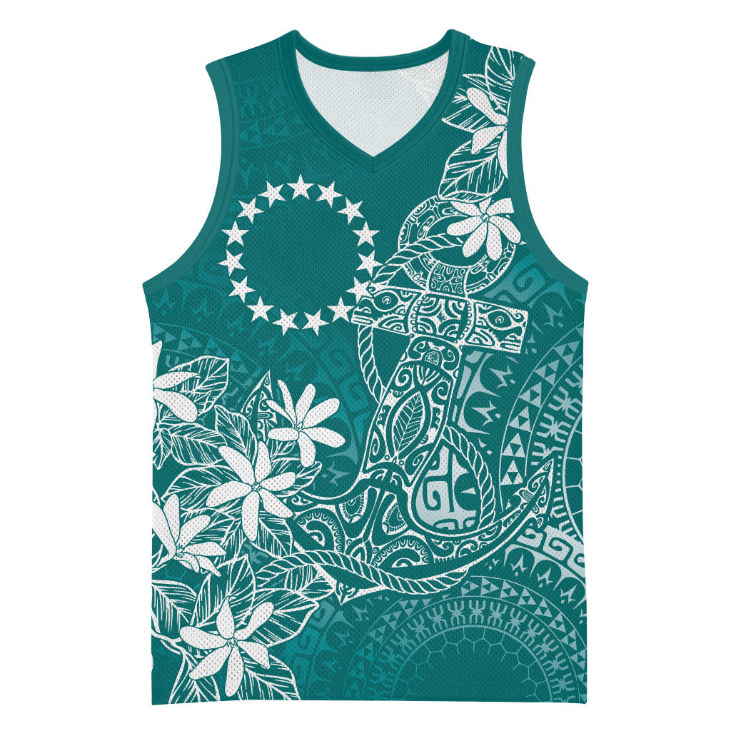 Teal Kuki Airani Tapakau Basketball Jersey Tribal Anchor Mix Tiare