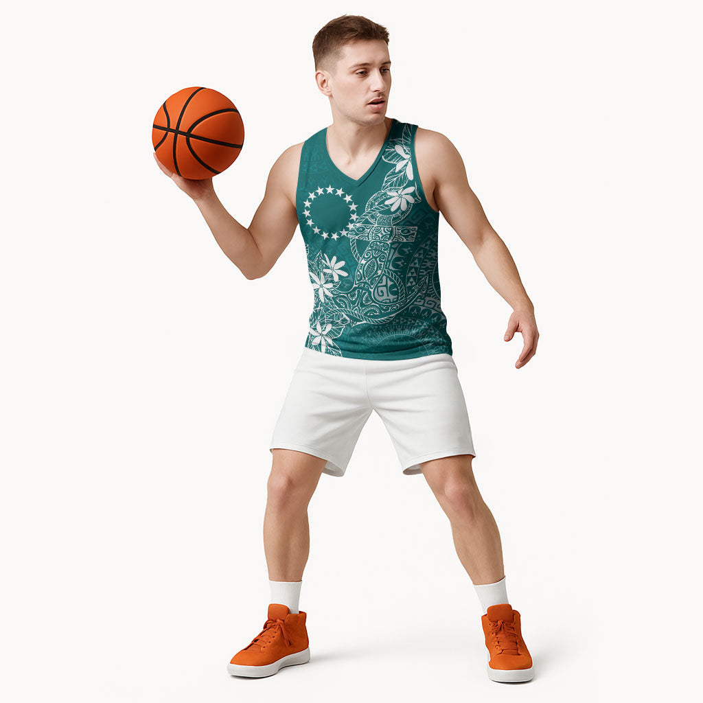Teal Kuki Airani Tapakau Basketball Jersey Tribal Anchor Mix Tiare