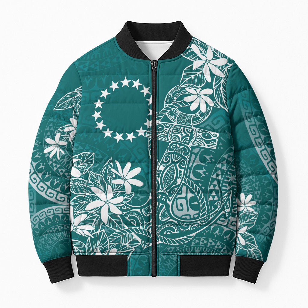 Teal Kuki Airani Tapakau Bomber Puffer Jacket Tribal Anchor Mix Tiare
