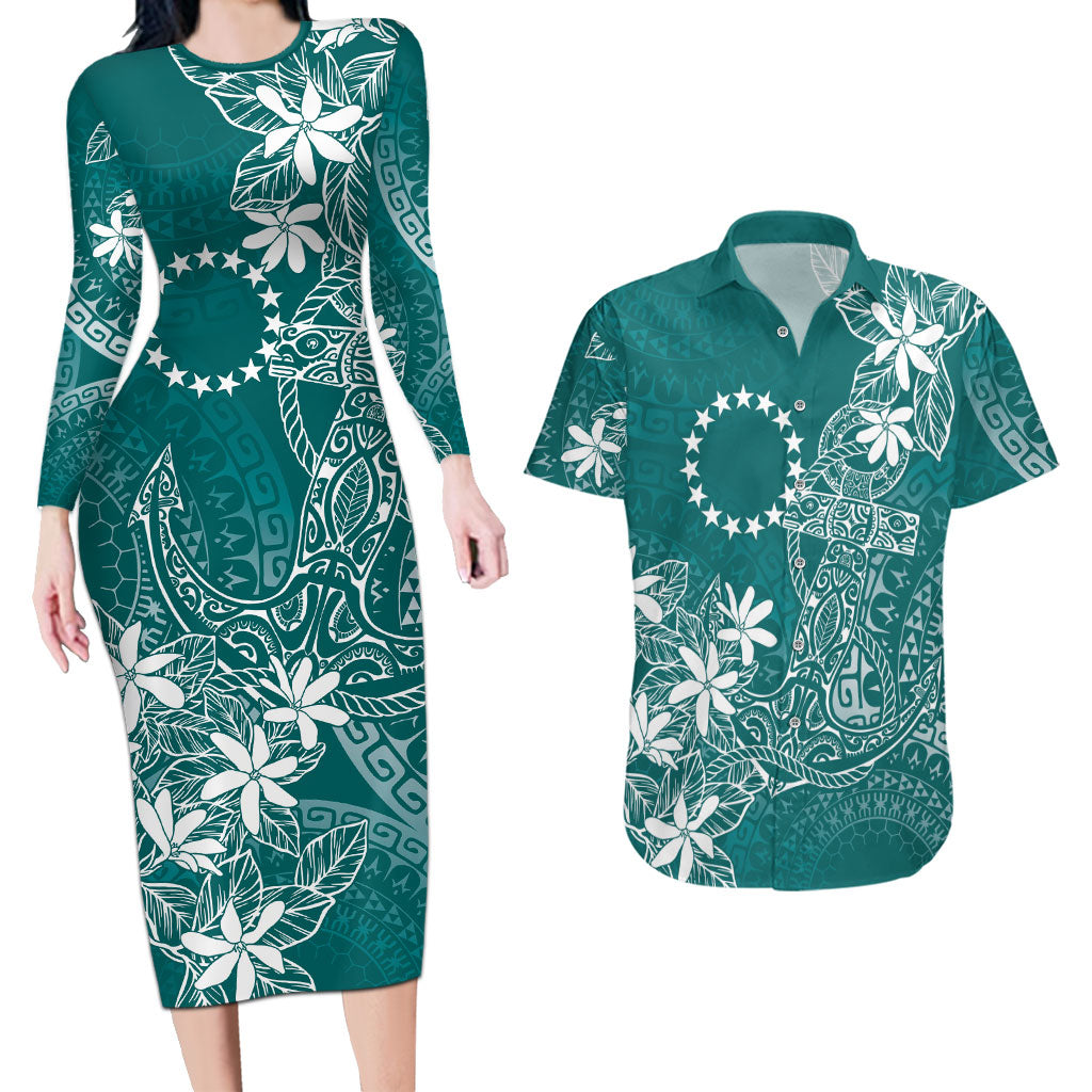 Teal Kuki Airani Tapakau Couples Matching Long Sleeve Bodycon Dress and Hawaiian Shirt Tribal Anchor Mix Tiare
