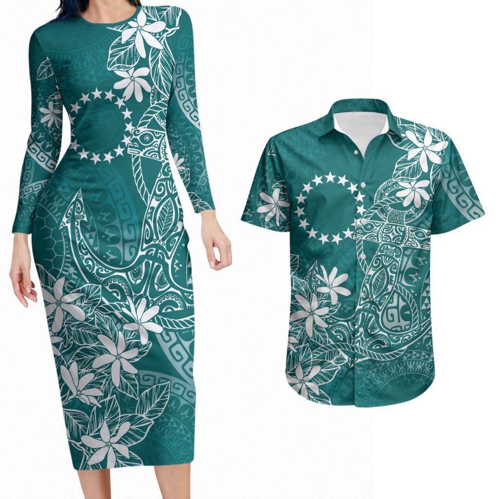 Teal Kuki Airani Tapakau Couples Matching Long Sleeve Bodycon Dress and Hawaiian Shirt Tribal Anchor Mix Tiare LT7 Teal - Polynesian Pride
