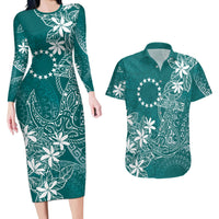 Teal Kuki Airani Tapakau Couples Matching Long Sleeve Bodycon Dress and Hawaiian Shirt Tribal Anchor Mix Tiare
