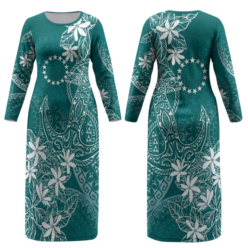 Teal Kuki Airani Tapakau Couples Matching Long Sleeve Bodycon Dress and Long Sleeve Button Shirt Tribal Anchor Mix Tiare LT7 - Polynesian Pride