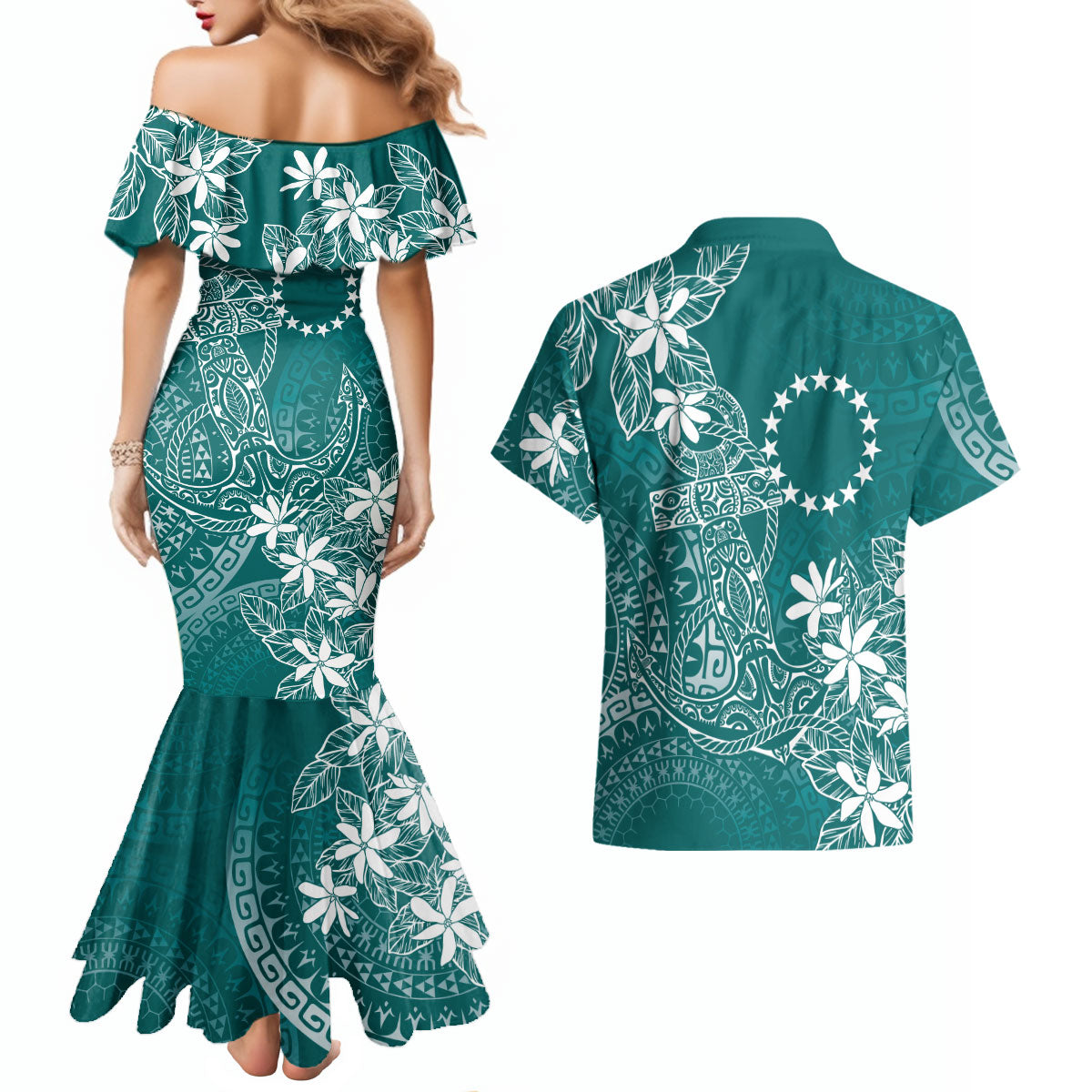 Teal Kuki Airani Tapakau Couples Matching Mermaid Dress and Hawaiian Shirt Tribal Anchor Mix Tiare