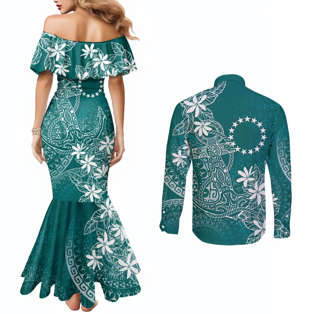 Teal Kuki Airani Tapakau Couples Matching Mermaid Dress and Long Sleeve Button Shirt Tribal Anchor Mix Tiare
