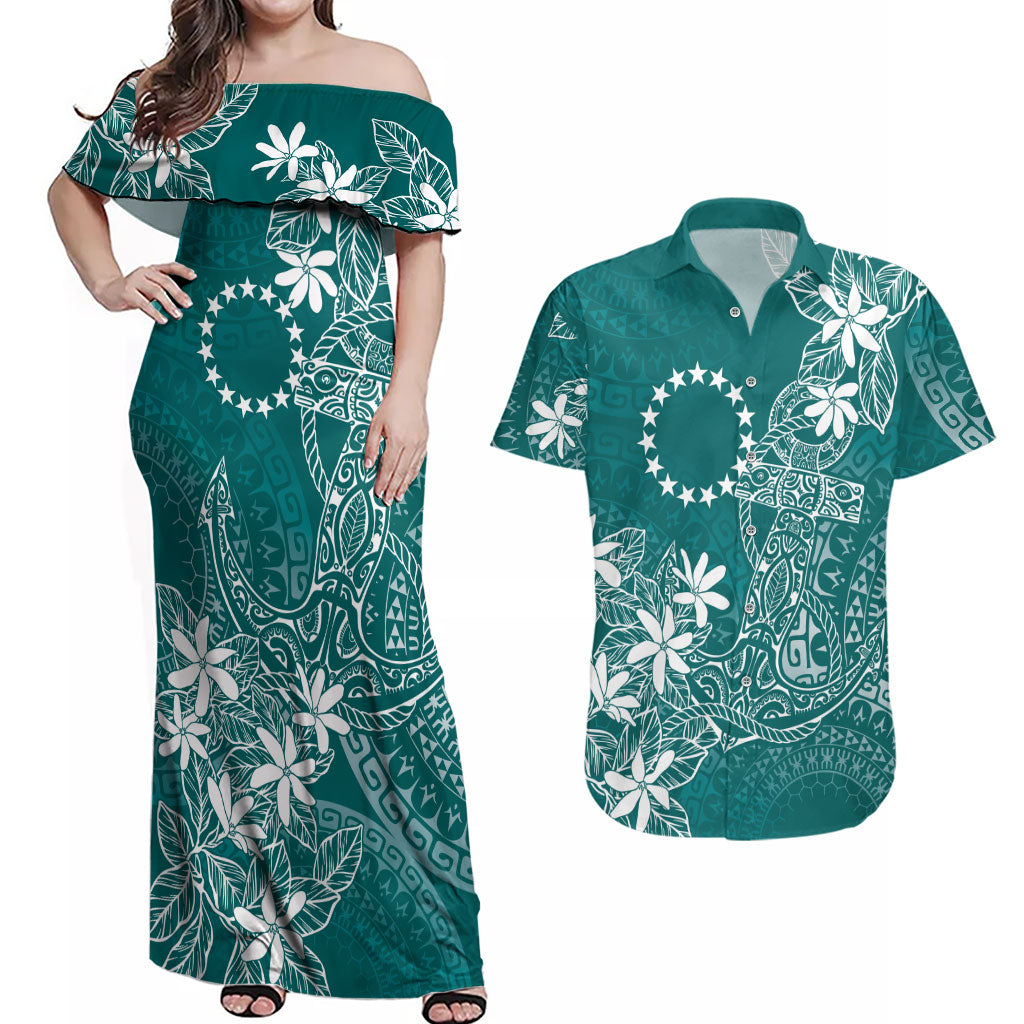 Teal Kuki Airani Tapakau Couples Matching Off Shoulder Maxi Dress and Hawaiian Shirt Tribal Anchor Mix Tiare