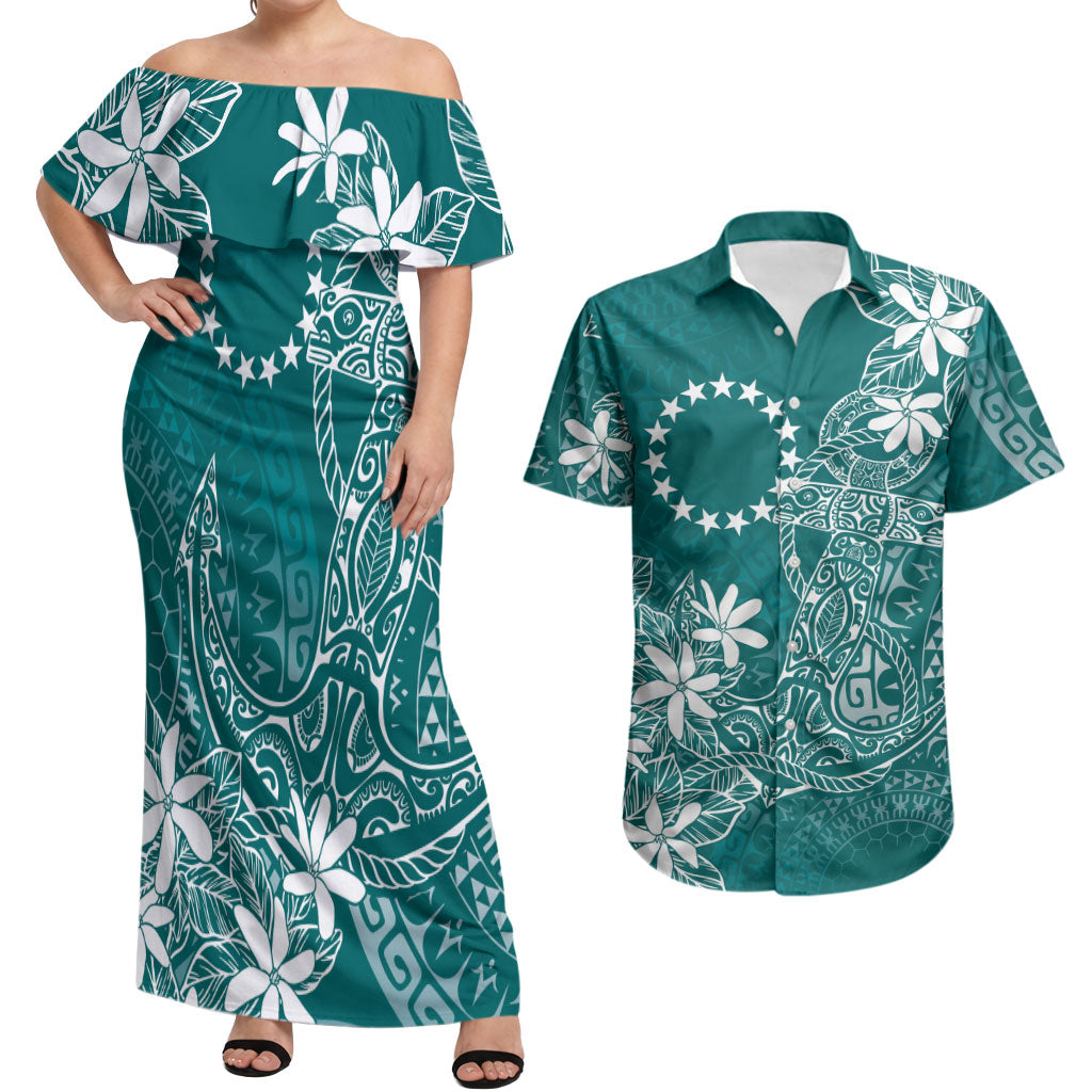 Teal Kuki Airani Tapakau Couples Matching Off Shoulder Maxi Dress and Hawaiian Shirt Tribal Anchor Mix Tiare LT7 Teal - Polynesian Pride