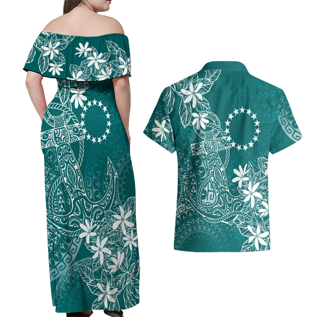Teal Kuki Airani Tapakau Couples Matching Off Shoulder Maxi Dress and Hawaiian Shirt Tribal Anchor Mix Tiare