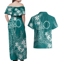 Teal Kuki Airani Tapakau Couples Matching Off Shoulder Maxi Dress and Hawaiian Shirt Tribal Anchor Mix Tiare
