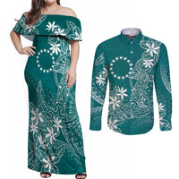Teal Kuki Airani Tapakau Couples Matching Off Shoulder Maxi Dress and Long Sleeve Button Shirt Tribal Anchor Mix Tiare