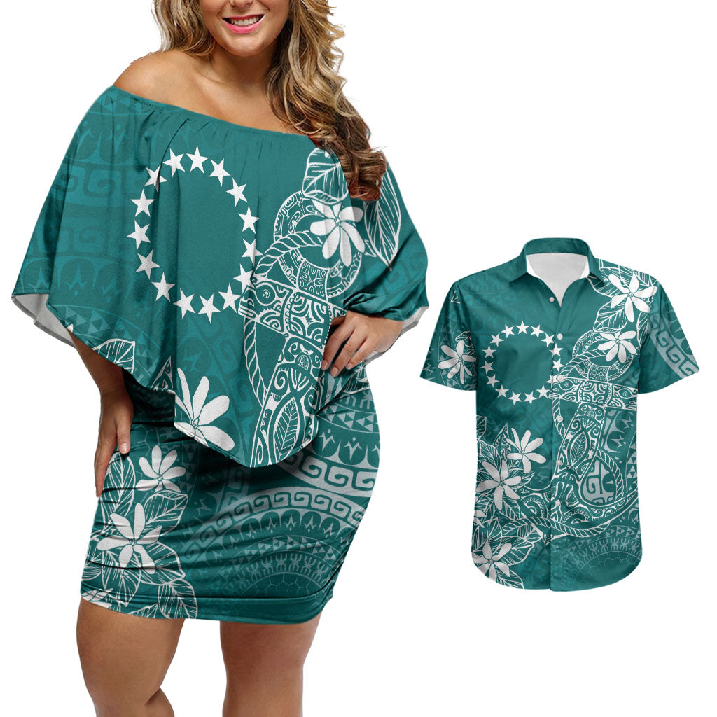 Teal Kuki Airani Tapakau Couples Matching Off Shoulder Short Dress and Hawaiian Shirt Tribal Anchor Mix Tiare LT7 Teal - Polynesian Pride