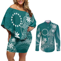 Teal Kuki Airani Tapakau Couples Matching Off Shoulder Short Dress and Long Sleeve Button Shirt Tribal Anchor Mix Tiare