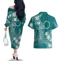 Teal Kuki Airani Tapakau Couples Matching Off The Shoulder Long Sleeve Dress and Hawaiian Shirt Tribal Anchor Mix Tiare