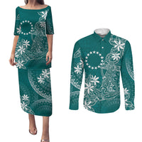 Teal Kuki Airani Tapakau Couples Matching Puletasi and Long Sleeve Button Shirt Tribal Anchor Mix Tiare