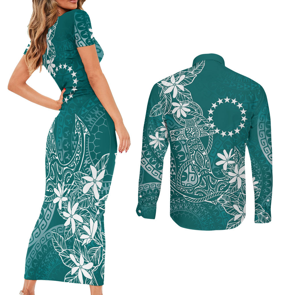 Teal Kuki Airani Tapakau Couples Matching Short Sleeve Bodycon Dress and Long Sleeve Button Shirt Tribal Anchor Mix Tiare