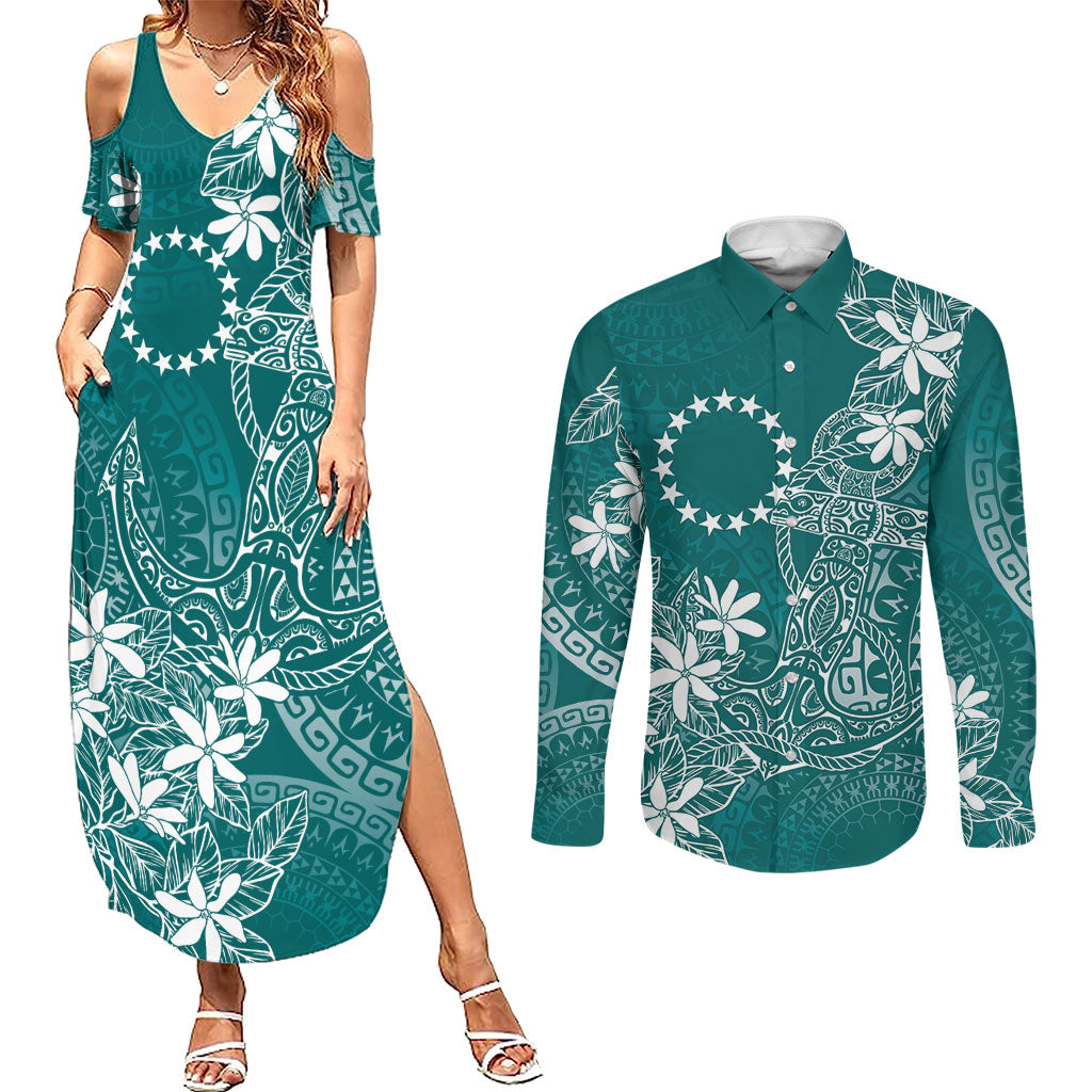 Teal Kuki Airani Tapakau Couples Matching Summer Maxi Dress and Long Sleeve Button Shirt Tribal Anchor Mix Tiare
