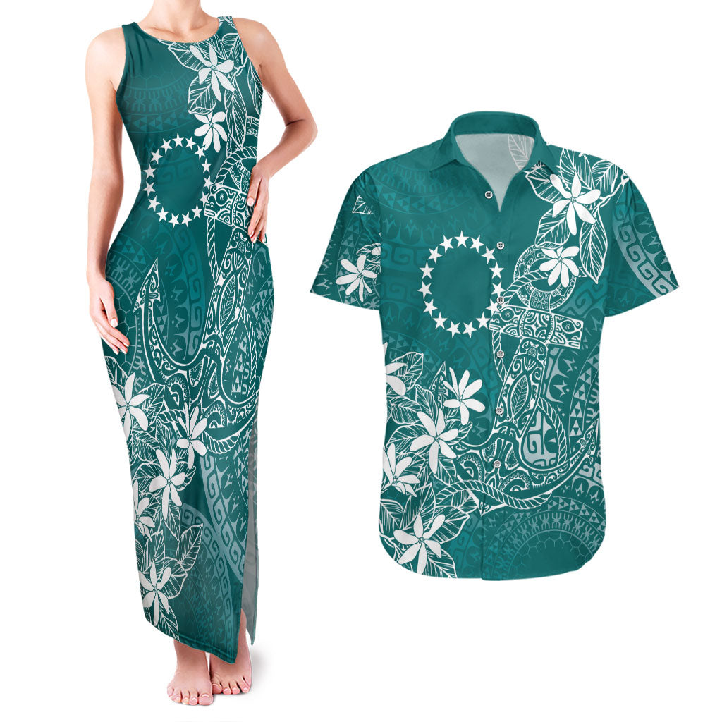 Teal Kuki Airani Tapakau Couples Matching Tank Maxi Dress and Hawaiian Shirt Tribal Anchor Mix Tiare