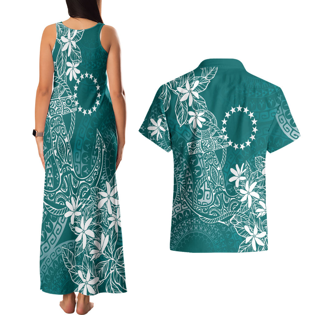 Teal Kuki Airani Tapakau Couples Matching Tank Maxi Dress and Hawaiian Shirt Tribal Anchor Mix Tiare