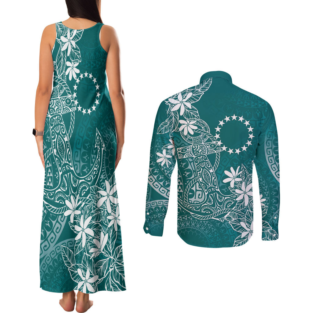Teal Kuki Airani Tapakau Couples Matching Tank Maxi Dress and Long Sleeve Button Shirt Tribal Anchor Mix Tiare