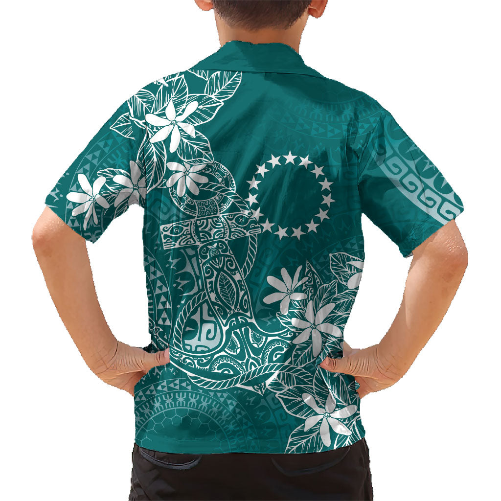 Teal Kuki Airani Tapakau Family Matching Long Sleeve Bodycon Dress and Hawaiian Shirt Tribal Anchor Mix Tiare