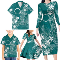 Teal Kuki Airani Tapakau Family Matching Long Sleeve Bodycon Dress and Hawaiian Shirt Tribal Anchor Mix Tiare