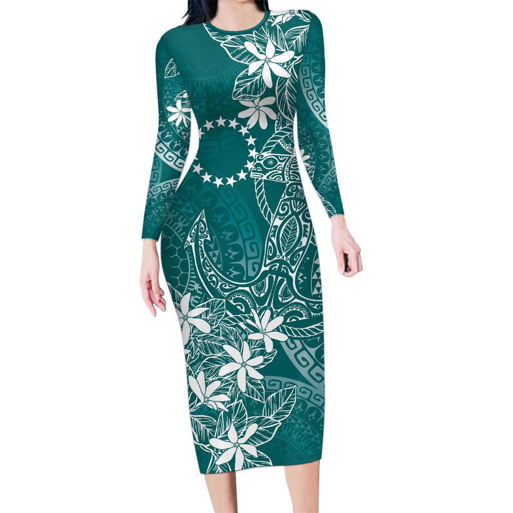 Teal Kuki Airani Tapakau Family Matching Long Sleeve Bodycon Dress and Hawaiian Shirt Tribal Anchor Mix Tiare