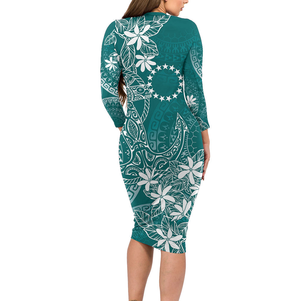 Teal Kuki Airani Tapakau Family Matching Long Sleeve Bodycon Dress and Hawaiian Shirt Tribal Anchor Mix Tiare