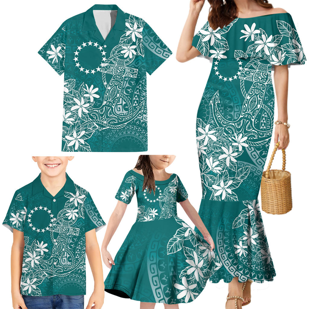 Teal Kuki Airani Tapakau Family Matching Mermaid Dress and Hawaiian Shirt Tribal Anchor Mix Tiare