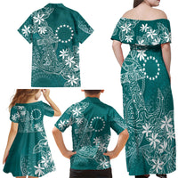 Teal Kuki Airani Tapakau Family Matching Off Shoulder Maxi Dress and Hawaiian Shirt Tribal Anchor Mix Tiare