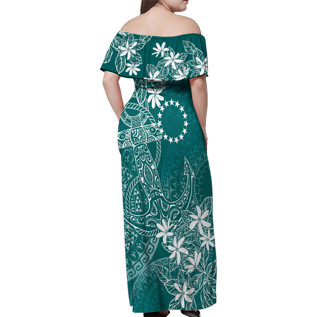 Teal Kuki Airani Tapakau Family Matching Off Shoulder Maxi Dress and Hawaiian Shirt Tribal Anchor Mix Tiare